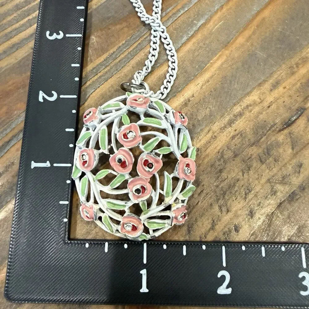 Vintage White Enamel Flower Rose Pendant Necklace 24” Length READ